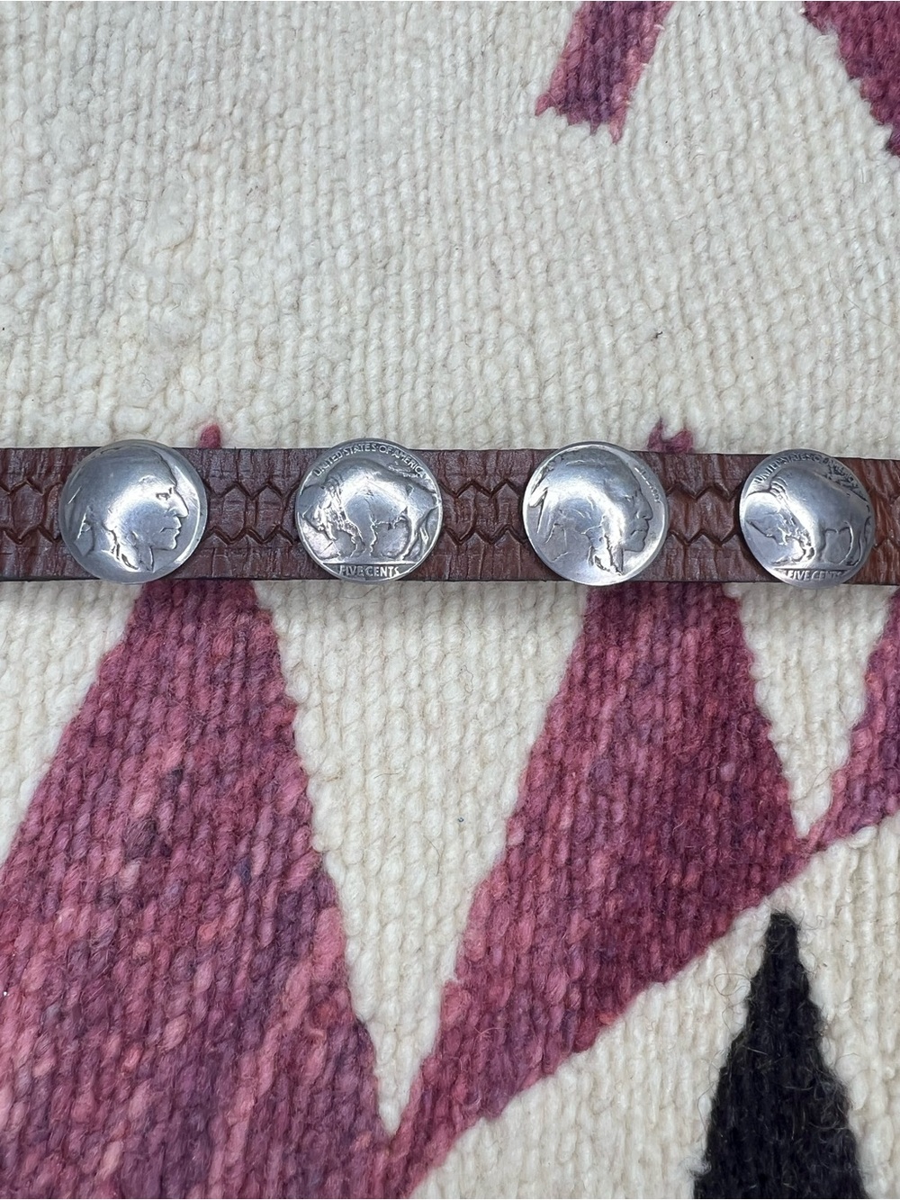 Buffalo Nickel Brown Tooled Leather Snap Bracelet Western Cuff